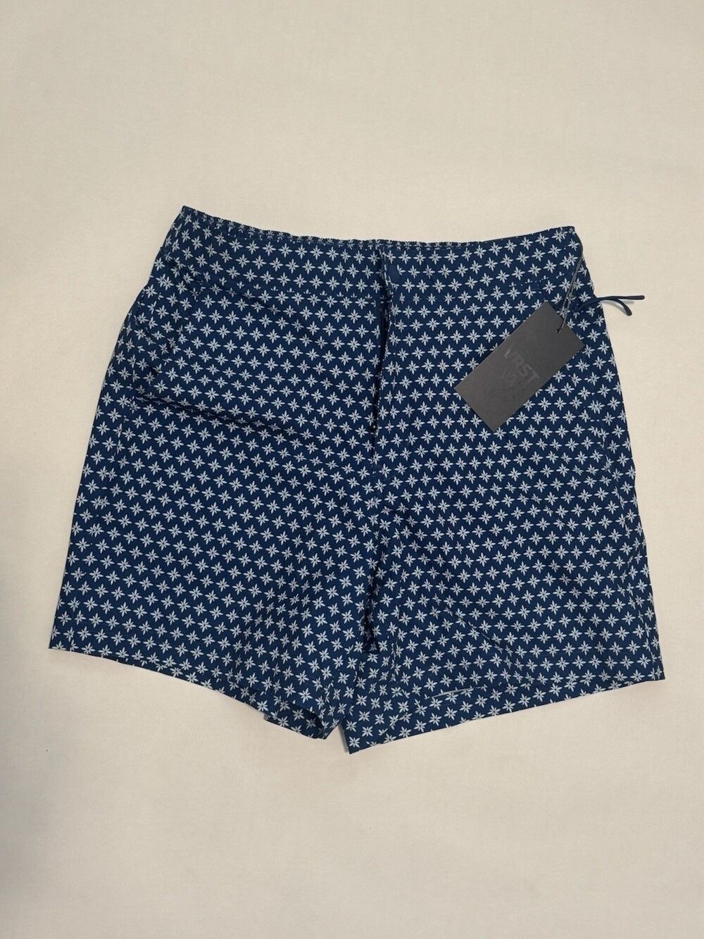 VRST Mens 6 Inch Resort Short Deep Denim Print Navy Geometric Hybrid Swim Walk S